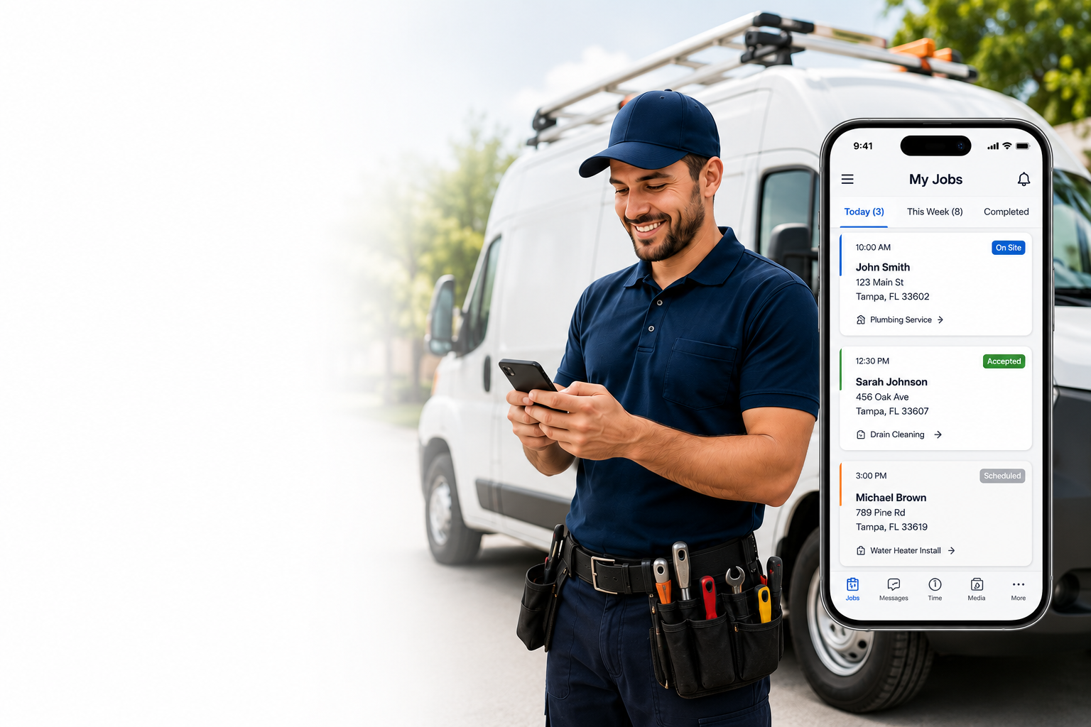 Field service technician using FieldAgentPro beside a service vehicle